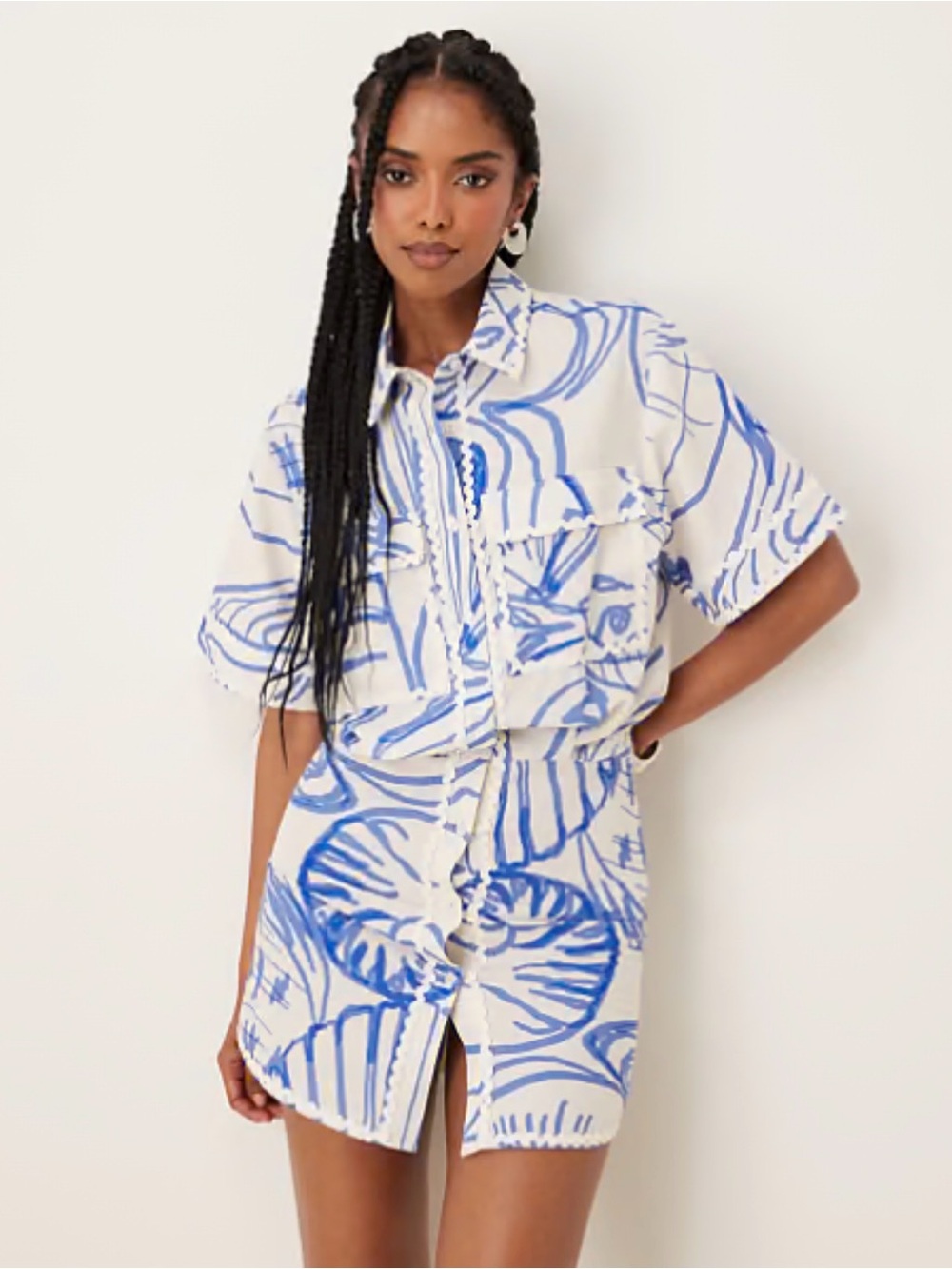ASOS Design Cotton & Linen White and Blue Shell-Print Button Front Dress